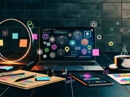 Moderner Arbeitsplatz mit Laptop, Content-Strategie-Diagrammen, Tablets, Smartphone mit SEO-Tools, Redaktionsplänen, Kopfhörern, Kaffeetasse und Ringlicht auf dunkler Tischoberfläche.