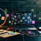 Moderner Arbeitsplatz mit Laptop, Content-Strategie-Diagrammen, Tablets, Smartphone mit SEO-Tools, Redaktionsplänen, Kopfhörern, Kaffeetasse und Ringlicht auf dunkler Tischoberfläche.