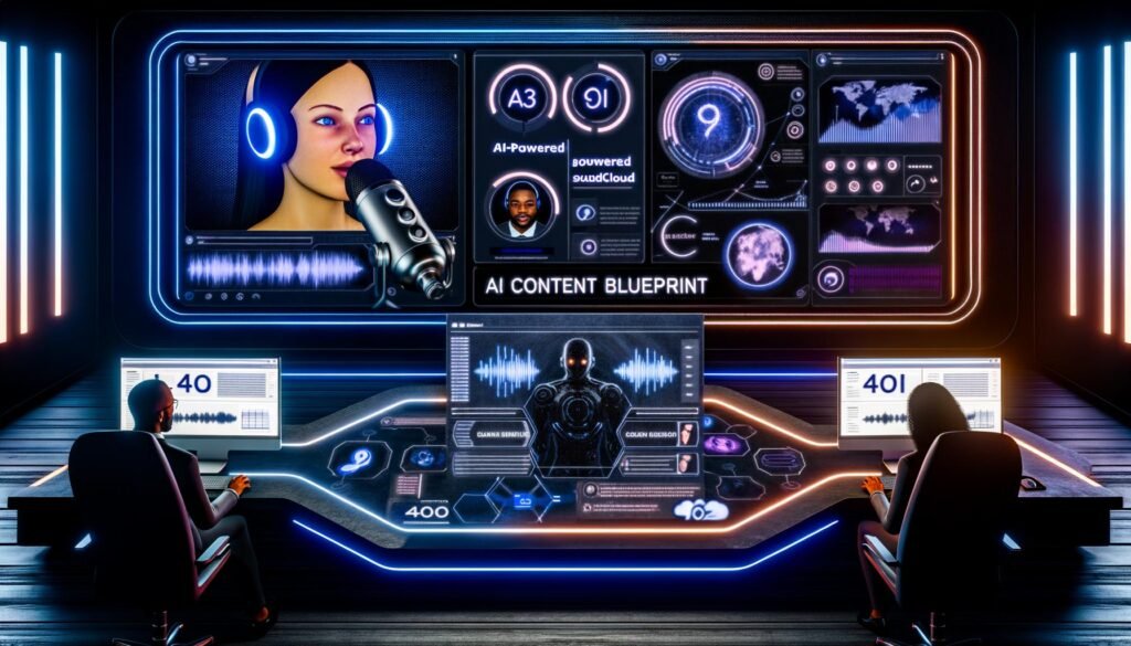 Futuristisches SoundCloud Dashboard mit KI-Audio-Analyse, Charts, Voice-Editing-Software und digitalen Avataren an modernen Arbeitsplätzen.