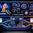 Futuristisches SoundCloud Dashboard mit KI-Audio-Analyse, Charts, Voice-Editing-Software und digitalen Avataren an modernen Arbeitsplätzen.