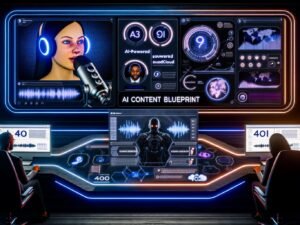 Futuristisches SoundCloud Dashboard mit KI-Audio-Analyse, Charts, Voice-Editing-Software und digitalen Avataren an modernen Arbeitsplätzen.