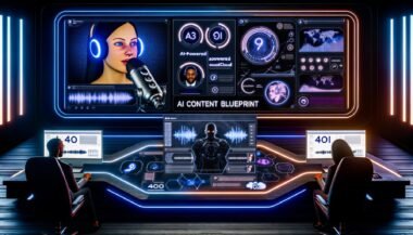 Futuristisches SoundCloud Dashboard mit KI-Audio-Analyse, Charts, Voice-Editing-Software und digitalen Avataren an modernen Arbeitsplätzen.