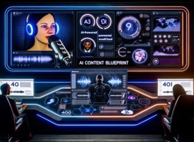 Futuristisches SoundCloud Dashboard mit KI-Audio-Analyse, Charts, Voice-Editing-Software und digitalen Avataren an modernen Arbeitsplätzen.