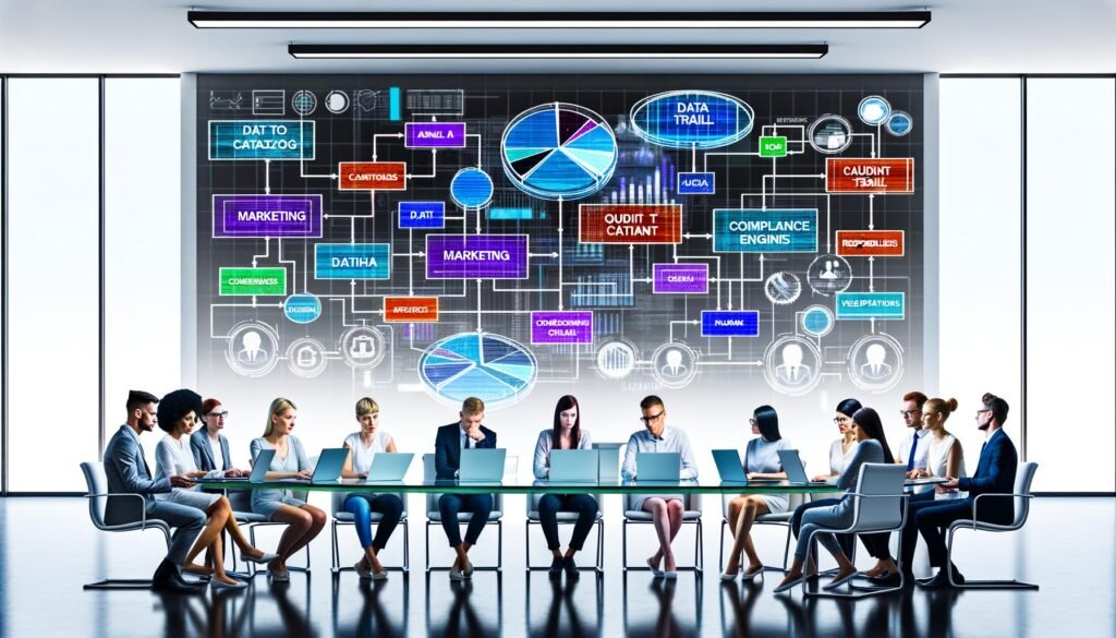 Mitarbeiter in modernem Büro, konzentriert um einen holographischen Data-Flow-Chart mit bunten Datenströmen und innovativen Analysetools.