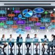 Mitarbeiter in modernem Büro, konzentriert um einen holographischen Data-Flow-Chart mit bunten Datenströmen und innovativen Analysetools.