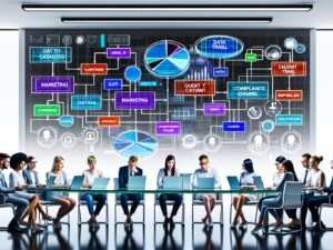 Mitarbeiter in modernem Büro, konzentriert um einen holographischen Data-Flow-Chart mit bunten Datenströmen und innovativen Analysetools.