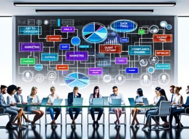 Mitarbeiter in modernem Büro, konzentriert um einen holographischen Data-Flow-Chart mit bunten Datenströmen und innovativen Analysetools.