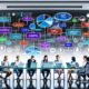 Mitarbeiter in modernem Büro, konzentriert um einen holographischen Data-Flow-Chart mit bunten Datenströmen und innovativen Analysetools.
