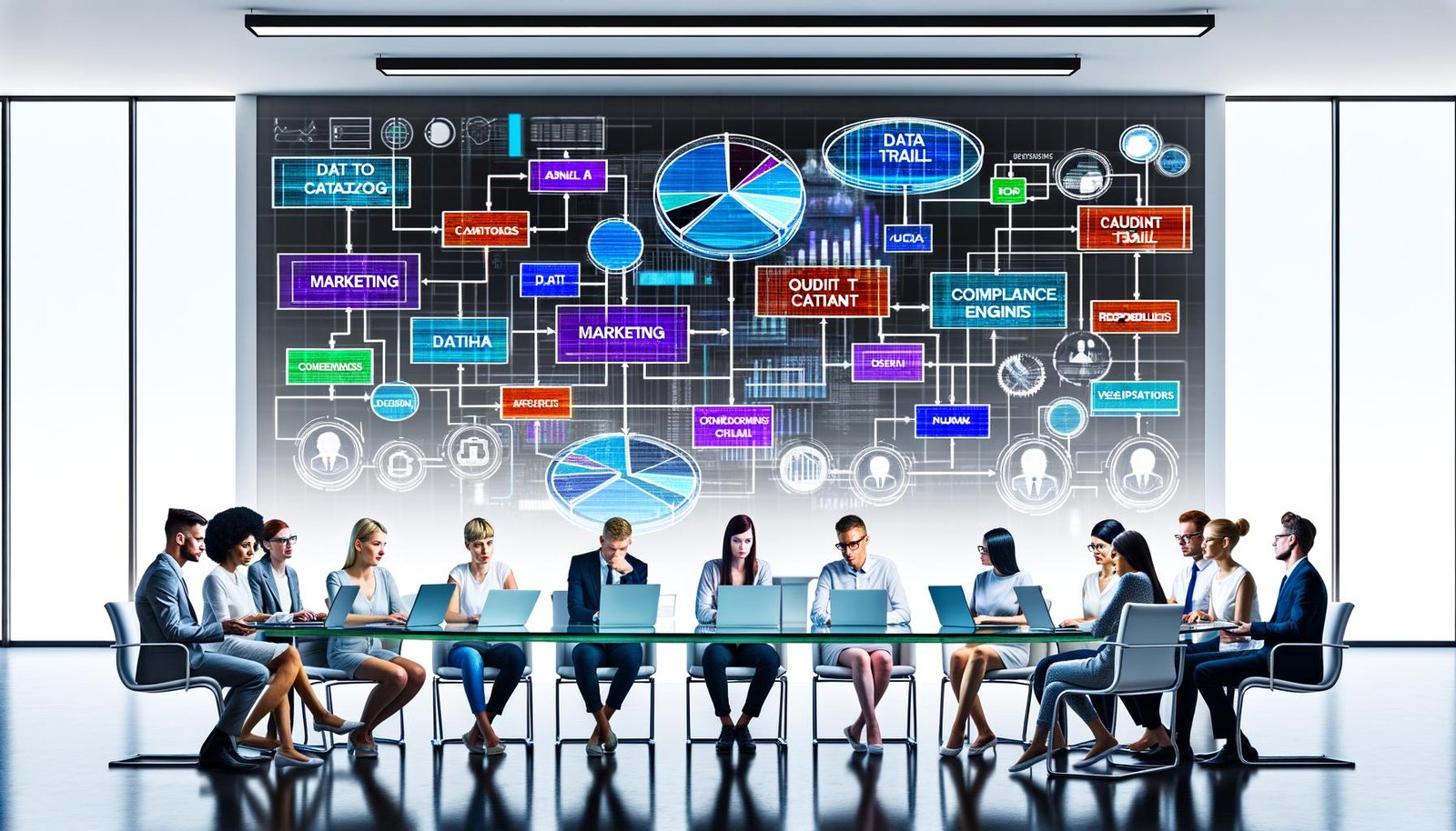 Mitarbeiter in modernem Büro, konzentriert um einen holographischen Data-Flow-Chart mit bunten Datenströmen und innovativen Analysetools.