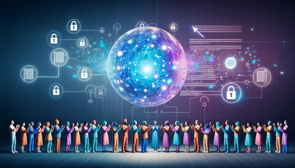 Futuristische Illustration einer diversen Menschengruppe, die zu einer leuchtenden, transparenten KI-Sphäre mit neuronalen Netzwerken greift. Im Hintergrund Symbole für Meinungsfreiheit, Datenschutz und Bildung vor blau-violetter Kulisse.