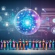 Futuristische Illustration einer diversen Menschengruppe, die zu einer leuchtenden, transparenten KI-Sphäre mit neuronalen Netzwerken greift. Im Hintergrund Symbole für Meinungsfreiheit, Datenschutz und Bildung vor blau-violetter Kulisse.