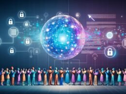 Futuristische Illustration einer diversen Menschengruppe, die zu einer leuchtenden, transparenten KI-Sphäre mit neuronalen Netzwerken greift. Im Hintergrund Symbole für Meinungsfreiheit, Datenschutz und Bildung vor blau-violetter Kulisse.