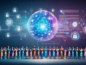 Futuristische Illustration einer diversen Menschengruppe, die zu einer leuchtenden, transparenten KI-Sphäre mit neuronalen Netzwerken greift. Im Hintergrund Symbole für Meinungsfreiheit, Datenschutz und Bildung vor blau-violetter Kulisse.