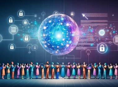 Futuristische Illustration einer diversen Menschengruppe, die zu einer leuchtenden, transparenten KI-Sphäre mit neuronalen Netzwerken greift. Im Hintergrund Symbole für Meinungsfreiheit, Datenschutz und Bildung vor blau-violetter Kulisse.