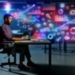 Marketer im modernen Büro bei der Umwandlung von Datenvisualisierungen und SEO-Diagrammen in kreativen Content am Laptop