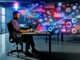 Marketer im modernen Büro bei der Umwandlung von Datenvisualisierungen und SEO-Diagrammen in kreativen Content am Laptop