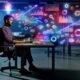 Marketer im modernen Büro bei der Umwandlung von Datenvisualisierungen und SEO-Diagrammen in kreativen Content am Laptop