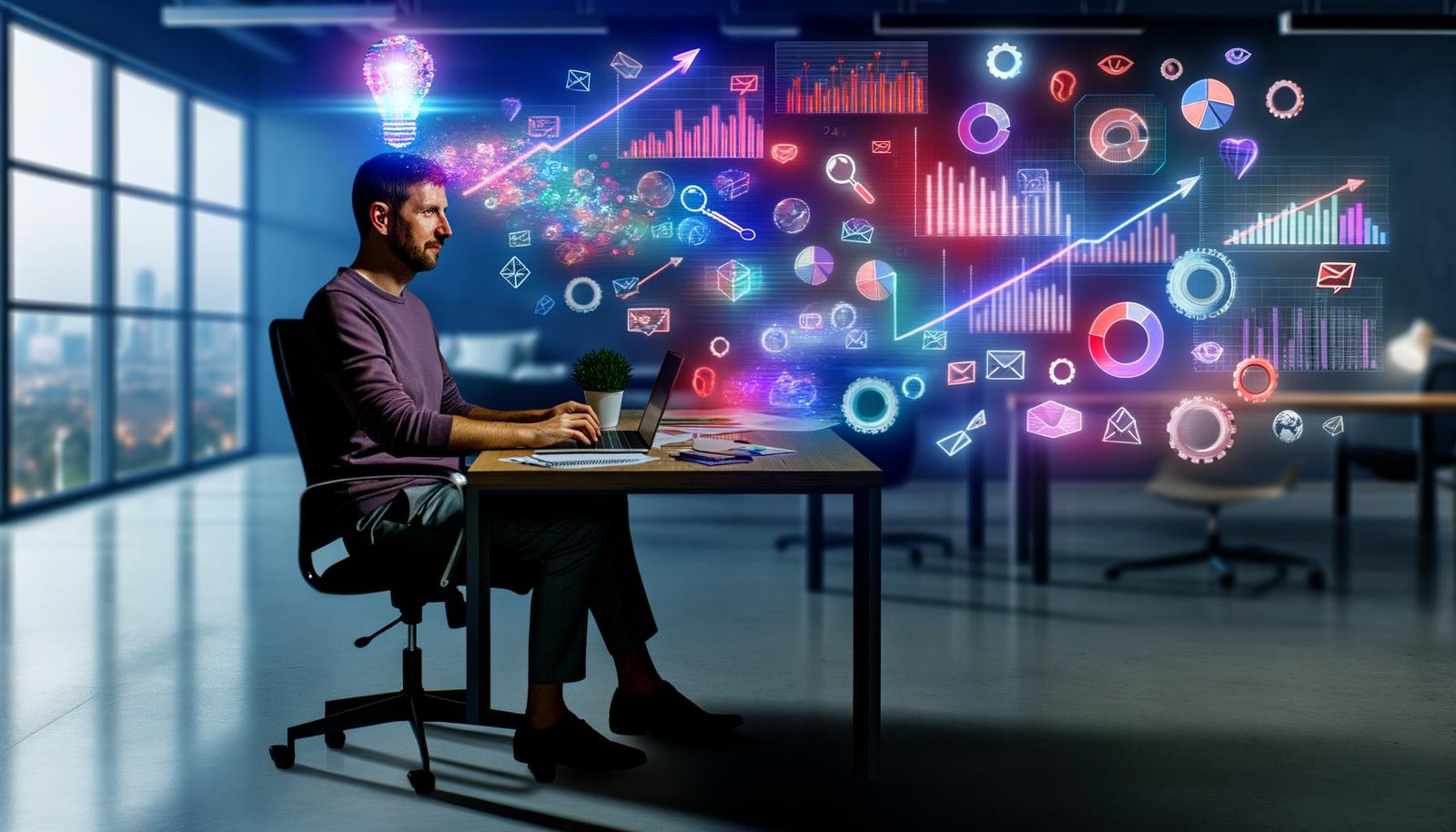 Marketer im modernen Büro bei der Umwandlung von Datenvisualisierungen und SEO-Diagrammen in kreativen Content am Laptop