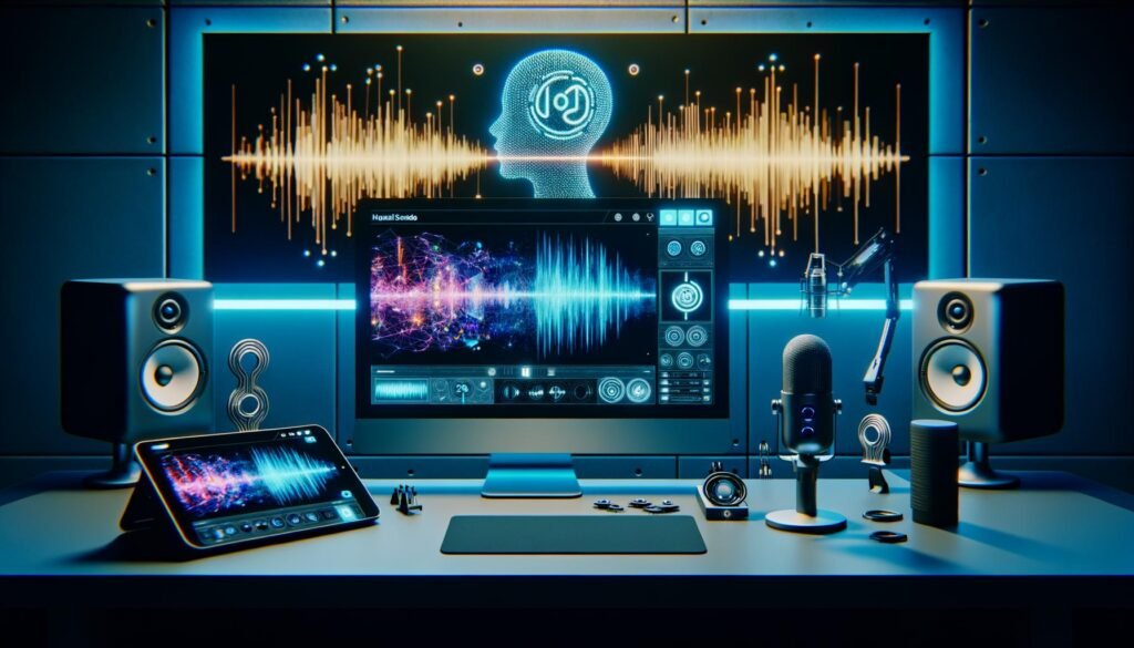 Modernes Tonstudio mit großem Monitor, Text-to-Speech-Software, Soundwellen, SoundCloud-Logo, smarten Geräten, Mikrofonen und Lautsprechern in futuristischer Atmosphäre.