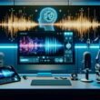 Modernes Tonstudio mit großem Monitor, Text-to-Speech-Software, Soundwellen, SoundCloud-Logo, smarten Geräten, Mikrofonen und Lautsprechern in futuristischer Atmosphäre.