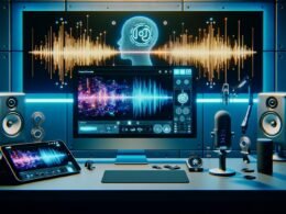 Modernes Tonstudio mit großem Monitor, Text-to-Speech-Software, Soundwellen, SoundCloud-Logo, smarten Geräten, Mikrofonen und Lautsprechern in futuristischer Atmosphäre.
