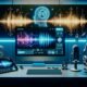 Modernes Tonstudio mit großem Monitor, Text-to-Speech-Software, Soundwellen, SoundCloud-Logo, smarten Geräten, Mikrofonen und Lautsprechern in futuristischer Atmosphäre.
