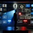Futuristischer Kontrollraum mit Bildschirmen zu Menschenrechten, Überwachung, Gesichtserkennung und Datenströmen. Im Zentrum steht eine halb beleuchtete menschliche Silhouette, umgeben von technischen und ethischen Symbolen.