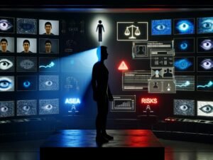 Futuristischer Kontrollraum mit Bildschirmen zu Menschenrechten, Überwachung, Gesichtserkennung und Datenströmen. Im Zentrum steht eine halb beleuchtete menschliche Silhouette, umgeben von technischen und ethischen Symbolen.
