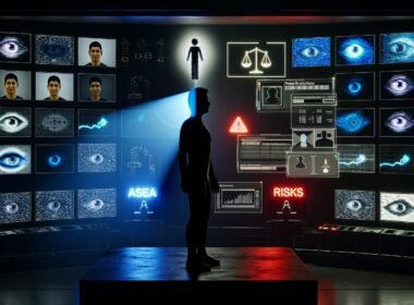 Futuristischer Kontrollraum mit Bildschirmen zu Menschenrechten, Überwachung, Gesichtserkennung und Datenströmen. Im Zentrum steht eine halb beleuchtete menschliche Silhouette, umgeben von technischen und ethischen Symbolen.