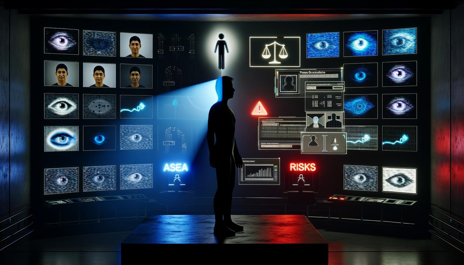 Futuristischer Kontrollraum mit Bildschirmen zu Menschenrechten, Überwachung, Gesichtserkennung und Datenströmen. Im Zentrum steht eine halb beleuchtete menschliche Silhouette, umgeben von technischen und ethischen Symbolen.
