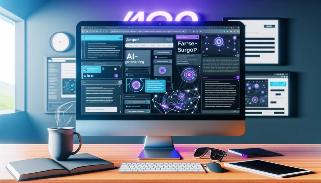 Moderner Arbeitsplatz 2024 mit großem Monitor, KI-Content-Tools, dynamischen Daten, Kaffeebecher, Notizbuch und Smartphone