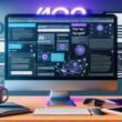 Moderner Arbeitsplatz 2024 mit großem Monitor, KI-Content-Tools, dynamischen Daten, Kaffeebecher, Notizbuch und Smartphone