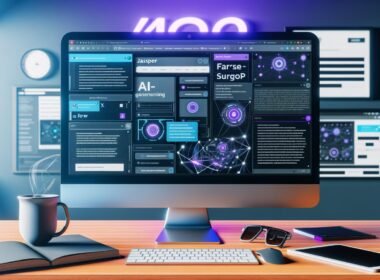 Moderner Arbeitsplatz 2024 mit großem Monitor, KI-Content-Tools, dynamischen Daten, Kaffeebecher, Notizbuch und Smartphone