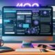 Moderner Arbeitsplatz 2024 mit großem Monitor, KI-Content-Tools, dynamischen Daten, Kaffeebecher, Notizbuch und Smartphone