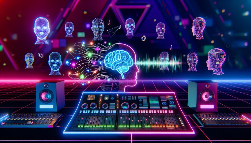 Futuristisches Soundstudio mit Neonlichtern, holographischen Interfaces, digitalen Avataren und einem neuronalen Netzwerk auf einem Audioarbeitsplatzbildschirm. Umgeben von stilisierten Gesichtern und dem leuchtenden SoundCloud-Logo im Hintergrund.