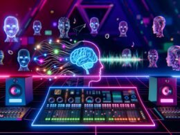 Futuristisches Soundstudio mit Neonlichtern, holographischen Interfaces, digitalen Avataren und einem neuronalen Netzwerk auf einem Audioarbeitsplatzbildschirm. Umgeben von stilisierten Gesichtern und dem leuchtenden SoundCloud-Logo im Hintergrund.