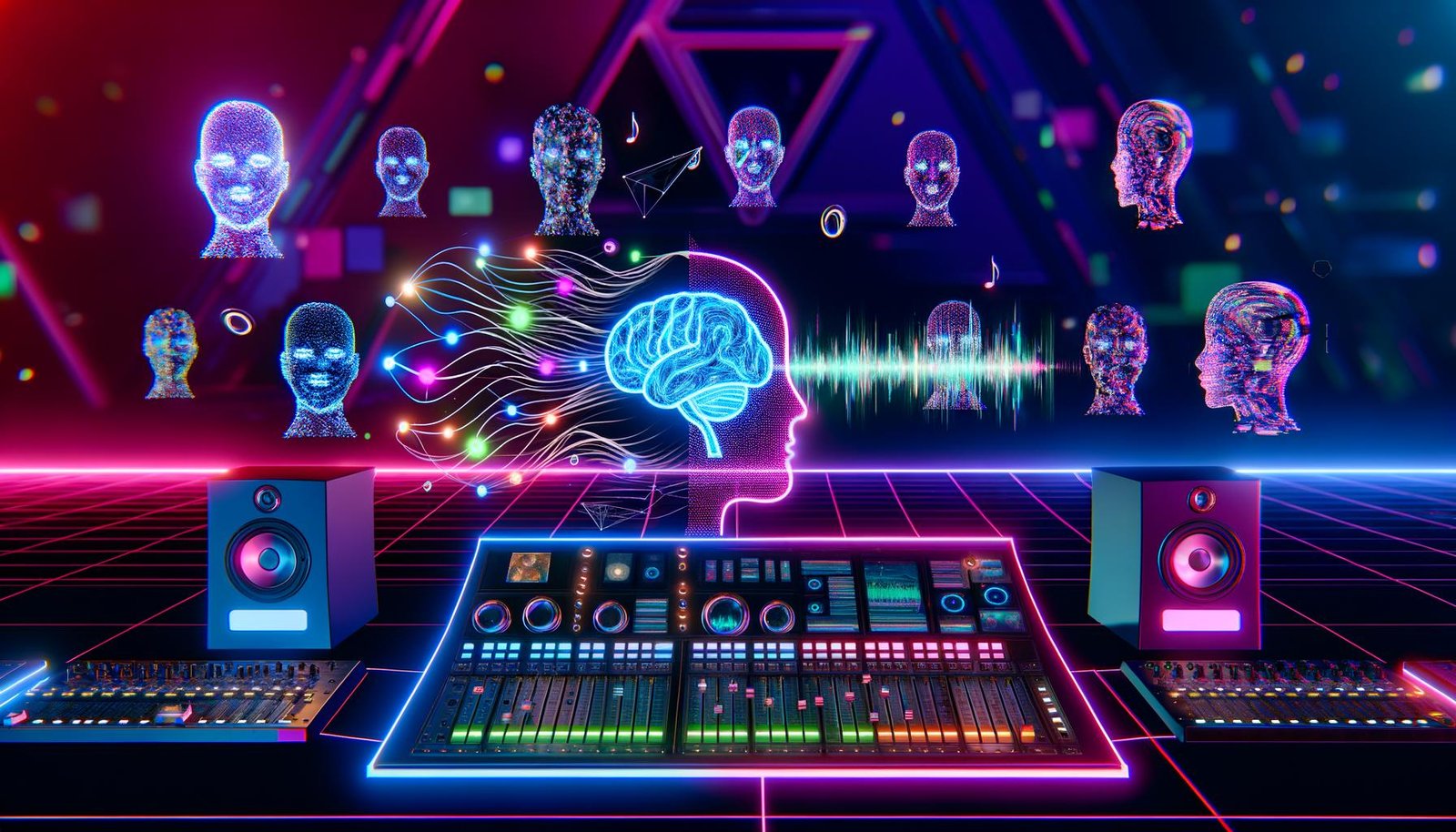 Futuristisches Soundstudio mit Neonlichtern, holographischen Interfaces, digitalen Avataren und einem neuronalen Netzwerk auf einem Audioarbeitsplatzbildschirm. Umgeben von stilisierten Gesichtern und dem leuchtenden SoundCloud-Logo im Hintergrund.