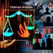 Montage mit KI-Interface und Menschenrechts-Symbolen links, Schattenrissen von Überwachung, Algorithmen und Warnsymbolen rechts, dazwischen das Wort Chancenanalyse als Dashboard.
