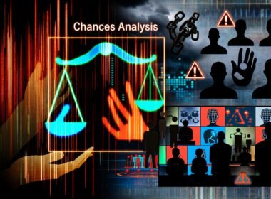 Montage mit KI-Interface und Menschenrechts-Symbolen links, Schattenrissen von Überwachung, Algorithmen und Warnsymbolen rechts, dazwischen das Wort Chancenanalyse als Dashboard.