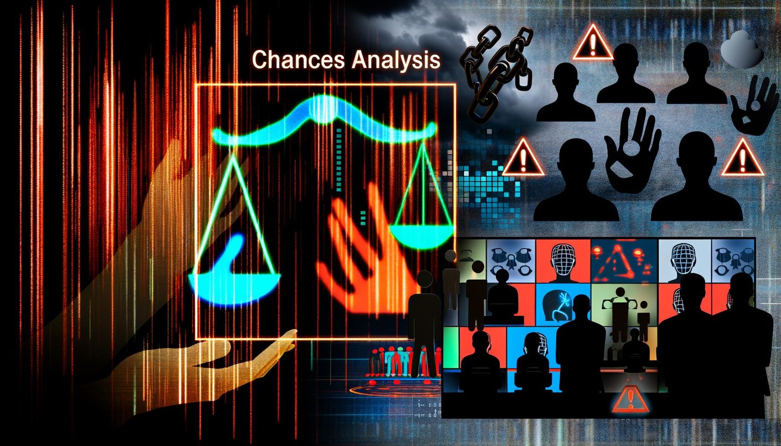 Montage mit KI-Interface und Menschenrechts-Symbolen links, Schattenrissen von Überwachung, Algorithmen und Warnsymbolen rechts, dazwischen das Wort Chancenanalyse als Dashboard.