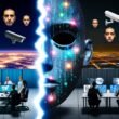Geteiltes Bild mit Menschenrechtlern in heller Büroumgebung, die KI-Tools nutzen, und düsterer Überwachungswelt mit Kameras, Behörden am Computer und abstraktem KI-Gesicht im Hintergrund.