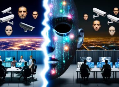 Geteiltes Bild mit Menschenrechtlern in heller Büroumgebung, die KI-Tools nutzen, und düsterer Überwachungswelt mit Kameras, Behörden am Computer und abstraktem KI-Gesicht im Hintergrund.
