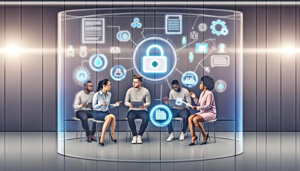 Illustration eines modernen, diversen Web-Teams, das im offenen Büro vor einer Glasscheibe mit digitalen Datenflüssen, Cookies, Datenbanken und Consent-Bannern technische Datenschutz-Themen diskutiert.