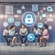 Illustration eines modernen, diversen Web-Teams, das im offenen Büro vor einer Glasscheibe mit digitalen Datenflüssen, Cookies, Datenbanken und Consent-Bannern technische Datenschutz-Themen diskutiert.
