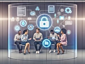 Illustration eines modernen, diversen Web-Teams, das im offenen Büro vor einer Glasscheibe mit digitalen Datenflüssen, Cookies, Datenbanken und Consent-Bannern technische Datenschutz-Themen diskutiert.