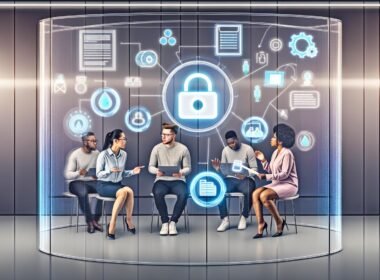 Illustration eines modernen, diversen Web-Teams, das im offenen Büro vor einer Glasscheibe mit digitalen Datenflüssen, Cookies, Datenbanken und Consent-Bannern technische Datenschutz-Themen diskutiert.
