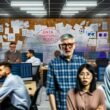 Gestresste Büroangestellte umgeben von vollgestellten Schreibtischen, chaotischen Bildschirmen und einem unscharfen Whiteboard mit dem Begriff Datentransparenz Modell.