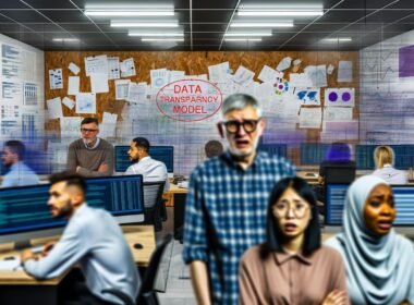 Gestresste Büroangestellte umgeben von vollgestellten Schreibtischen, chaotischen Bildschirmen und einem unscharfen Whiteboard mit dem Begriff Datentransparenz Modell.