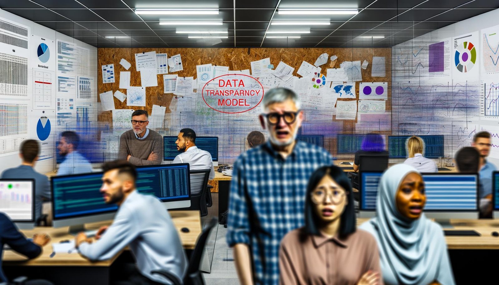 Gestresste Büroangestellte umgeben von vollgestellten Schreibtischen, chaotischen Bildschirmen und einem unscharfen Whiteboard mit dem Begriff Datentransparenz Modell.