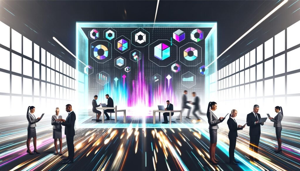 Digitales Open-Office mit großem Dashboard, bunten Datenströmen, kollaborierenden Personen und zerbrechenden Datensilos im Hintergrund